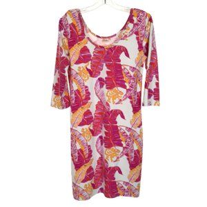 Womens Size Medium Persifor Purple White Palm Print Stretch Sheath Dress